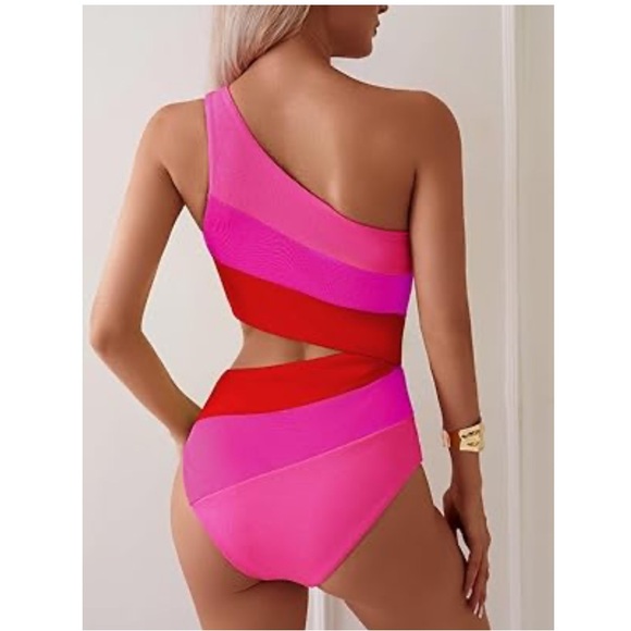 TASHEHE One Shoulder Sexy Neon Color Block Bathing Suit Full Coverage Cutout - Picture 2 of 9